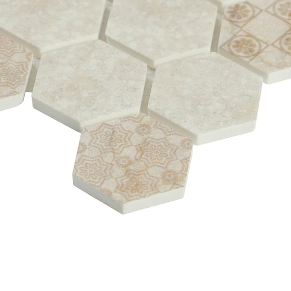 Artistic Elements Crema 12 in. x 12 in. Hex Inkjet Glazed Glass Mesh-Mounted Mosaic Tile (0.87 sq. ft./Each)