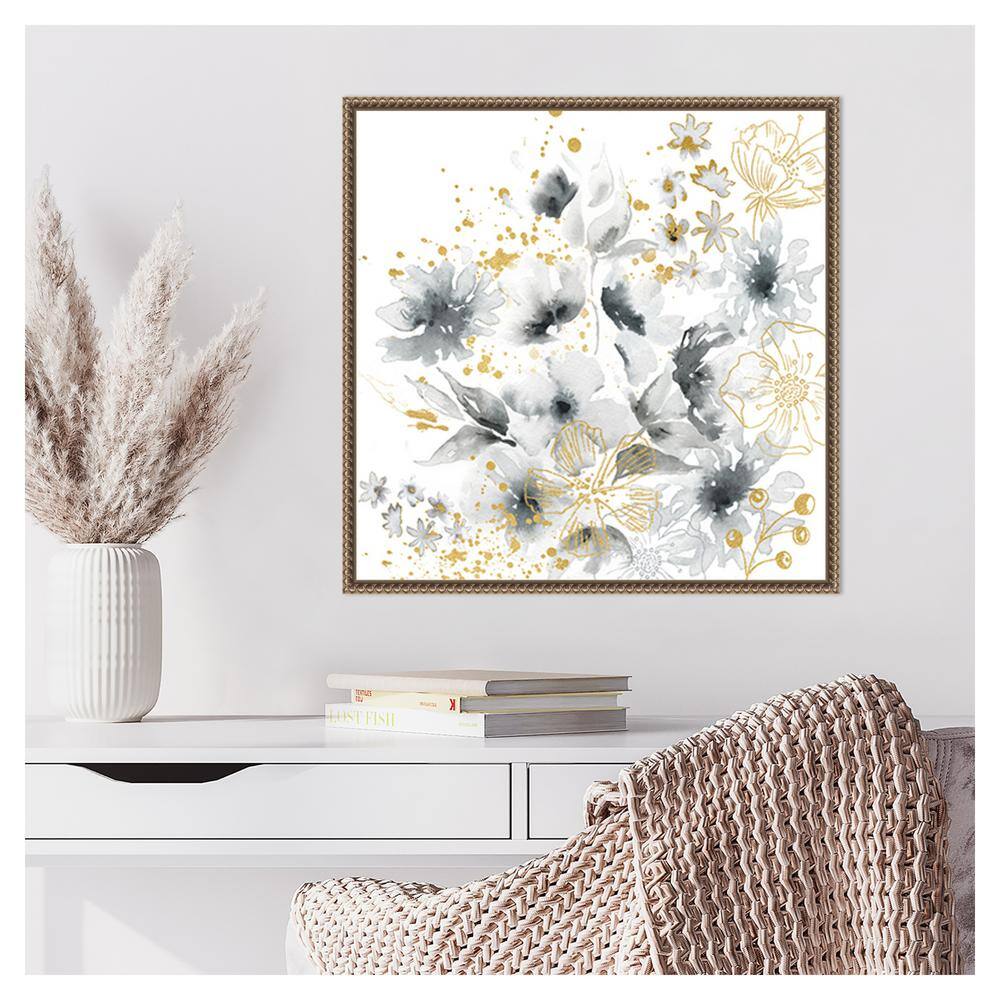 Watercolor Gray and Goldenrod Floral Canvas with Bronze Frame