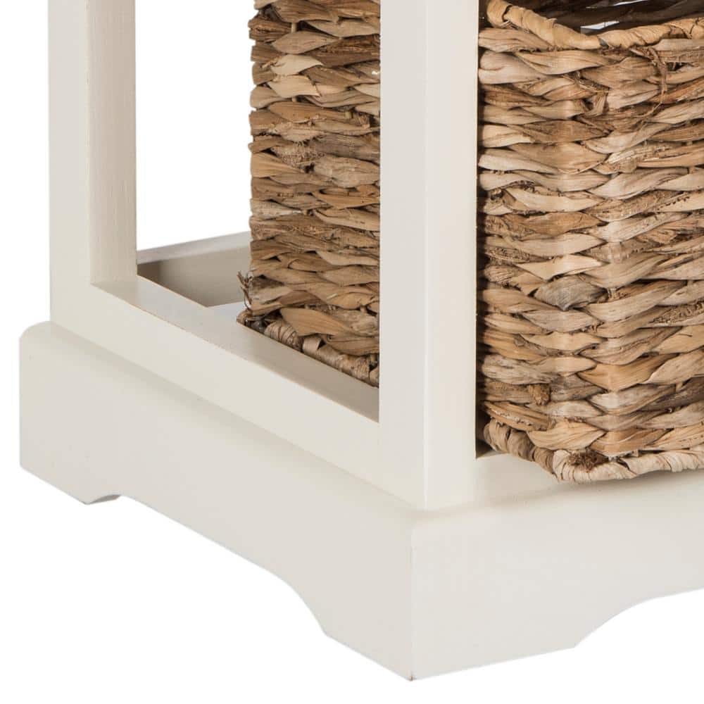 Distressed White Pine Wood 3-Drawer Side Table with Wicker Baskets