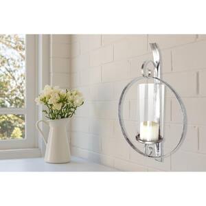 18 in. x 12 in. Round Silver Metal Candle Wall Sconce With Glass