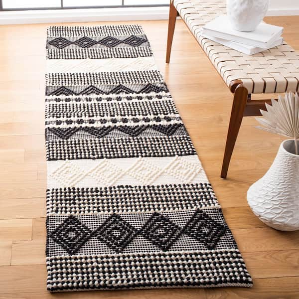 Natura 2 ft. x 14 ft. Black/Ivory Striped Diamonds Runner Rug