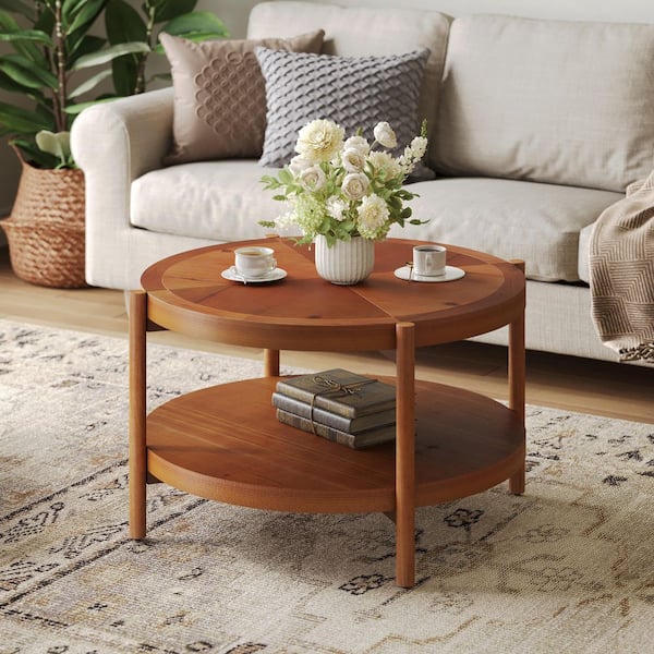 Inaayah 31.49 in. Walnut Round Solid Wood Coffee Table with Storage Shelf, 2 Tier Center Table for Living Room Home