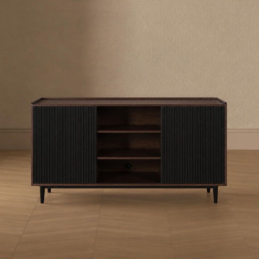 Duane Dark Brown and Black MDF 59.05 in. Modern Ribbed Sideboard with Adjustable Shelves and Sliding Doors