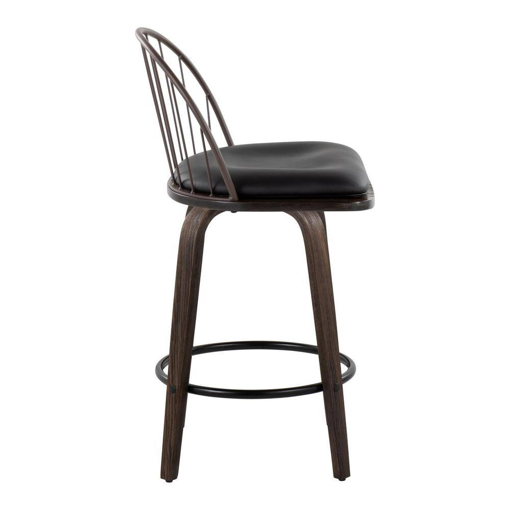 Walnut Bronze Swivel Counter Stool with Metal Backrest and Faux Leather Cushion