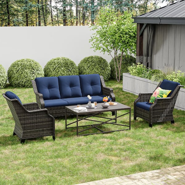 JOYSIDE 4-Piece Wicker Outdoor Patio Conversation Set Sectional Couch with Brown Steel Table and Blue Cushions