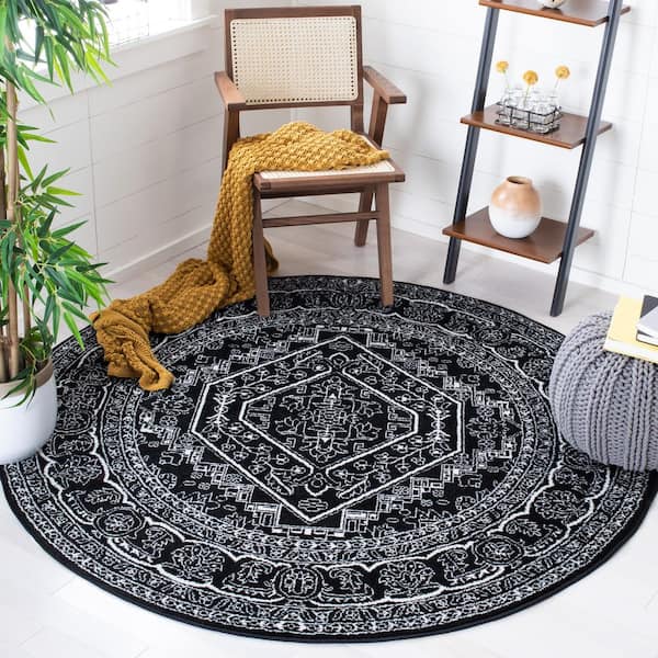 Adirondack Black/Ivory 4 ft. x 4 ft. Border Medallion Round Area Rug