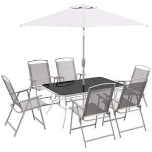 Team Gray 8-Piece Metal Rectangle 27.5 in. Outdoor Dining Set and Umbrella, Outdoor Patio Furniture Set
