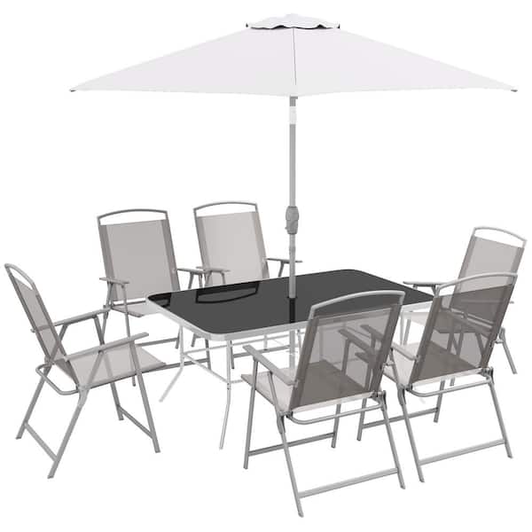 Outsunny Team Gray 8-Piece Metal Rectangle 27.5 in. Outdoor Dining Set and Umbrella, Outdoor Patio Furniture Set