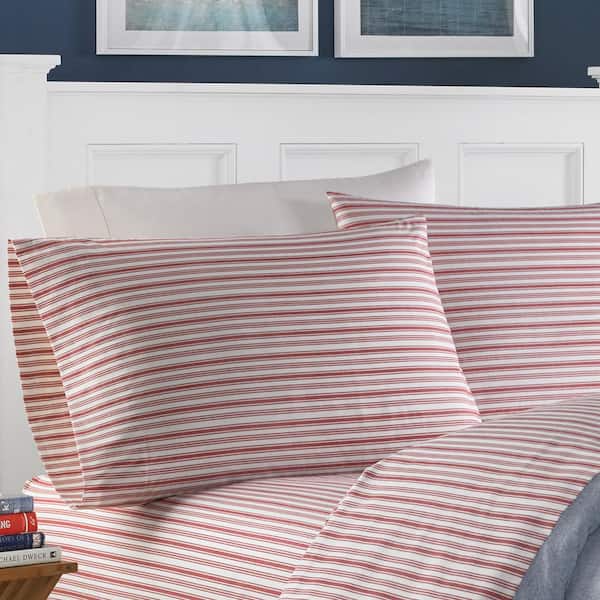 Nautica Coleridge Stripe 4-Piece Red 200-Thread Count Cotton Queen Sheet Set