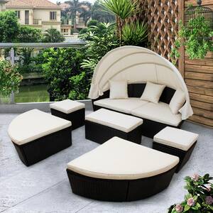 6-Piece Outdoor Rattan Wicker Sunbed with Retractable Canopy, Patio Conversation Set with Table, Beige Cushioned Chairs