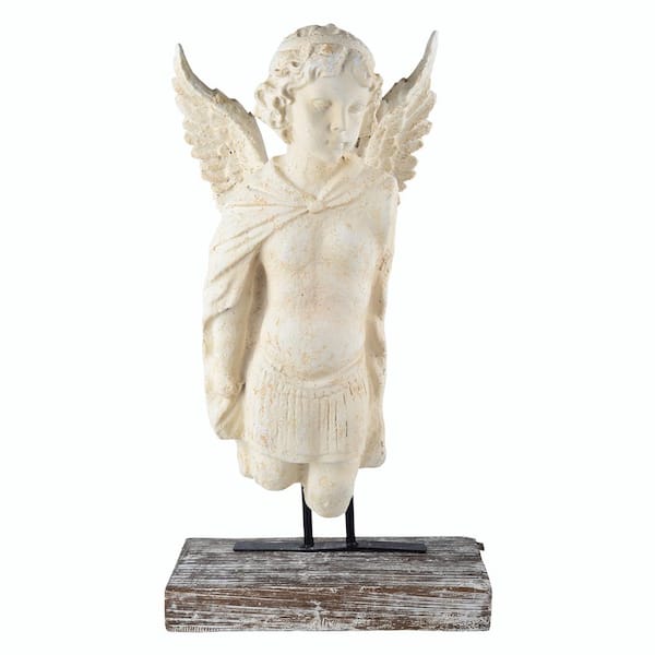 Benjara Beige Magnesia and Metal Garden Angel Bust Sculpture on a Wooden Pedestal