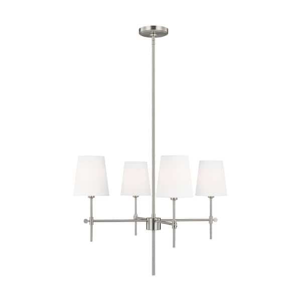 Generation Lighting Baker 4-Light Brushed Nickel Chandelier With White Linen Fabric Shades and LED Light Bulbs