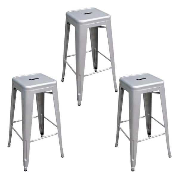 AmeriHome 30 in. Silver Metal, Backless, Stackable Bar Stool (Set of 3)