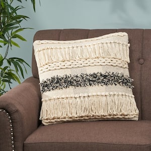 Bingham Natural and Grey Geometric Cotton 18 in. x 18 in. Throw Pillow