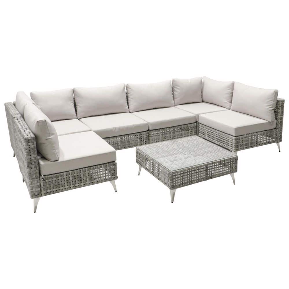 Gray 7-Piece Wicker Outdoor Sectional Set with Gray Cushions and Coffee Tab