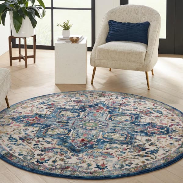 Ankara Global Ivory Navy 6 ft. x 6 ft. Round Persian Medallion Transitional Area Rug