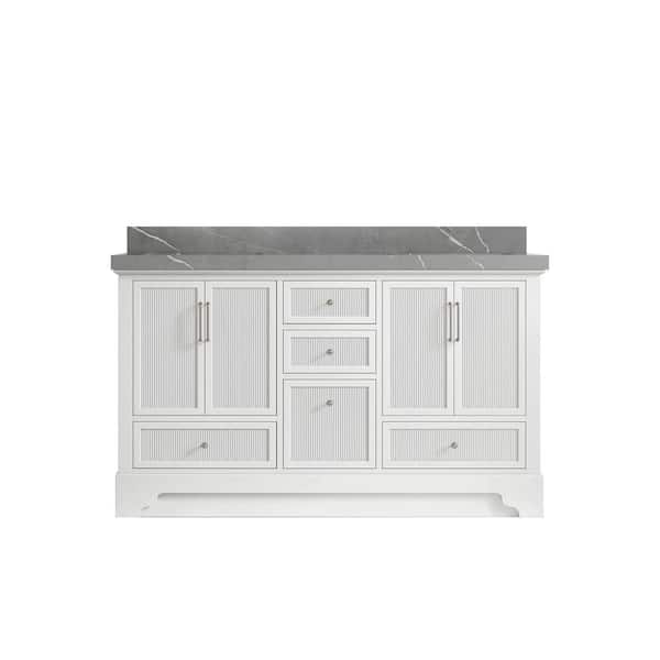 Willow Collections Alys 60 in. W x 22 in. D x 36 in. H Double Sink Bath Vanity in White with 2 in. Piatra Gray Qt. Top