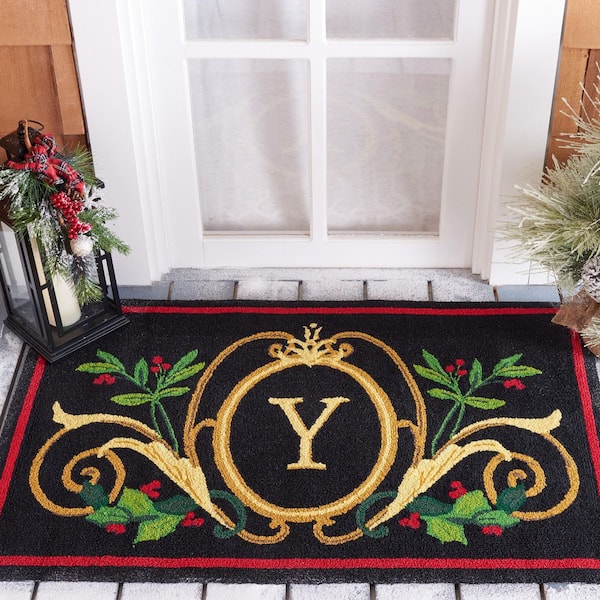 Monogram Black/Multi 3 ft. x 4 ft. "Y" Leaf Ornate Indoor/Outdoor Area Rug