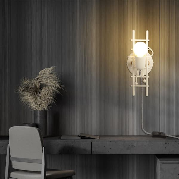 Modern 3.2 in. 1 Light Plug in White Ant Stairs Wall Sconces, Industrial Wood Base Wall Lamp with Switch