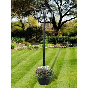 Avalon 84 in. 3-Head Black Aluminum Outdoor Weather Resistant Solar Lamp Post and Planter
