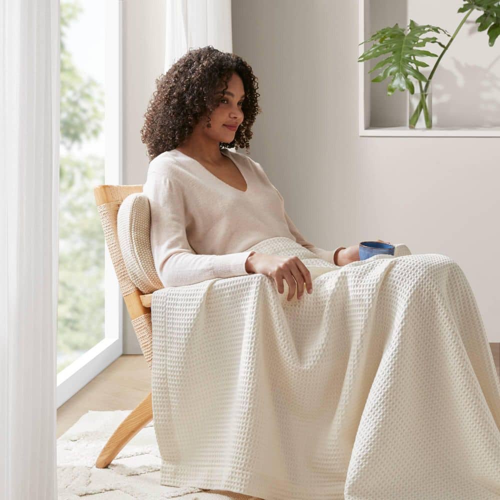 Ivory Waffle Weave Breathable Cotton Full/Queen Blanket