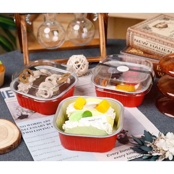 Red Aluminum Mini Cake Pans Food Storage Disposable Loaf Pans Portion Cup Lid for 5 oz Cups with Lids 60 Pack