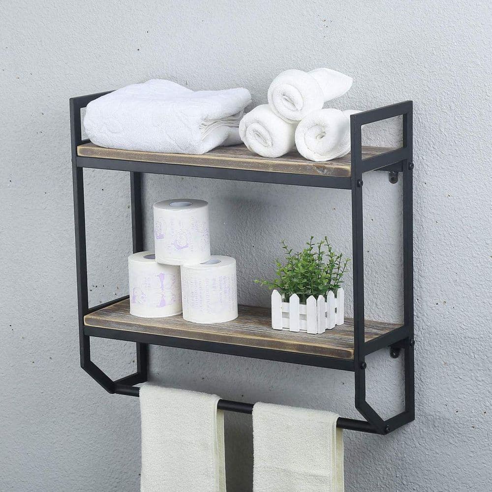Matte Black Pine 2-Tier Floating Wall Shelf with Towel Rack