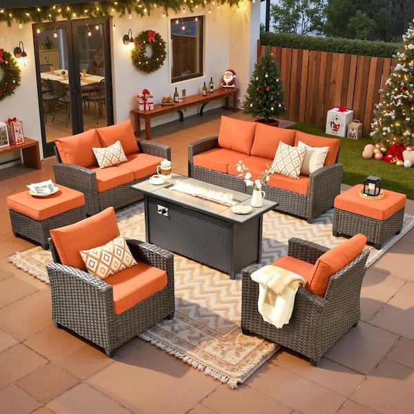 Palermo Brown 7-Piece Wicker Outdoor Modular Patio Furniture Sofa Set with Metal Fire Pit and Orange Red Cushions