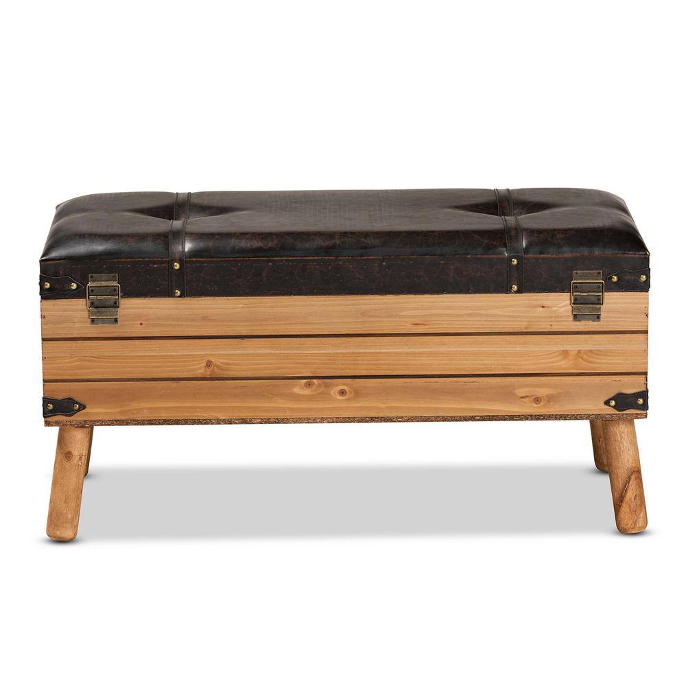 Amena Rustic Dark Brown PU Leather & Oak Large Storage Ottoman