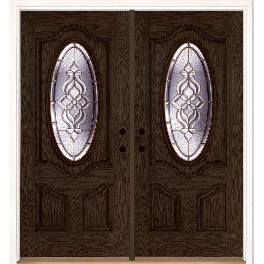 74 in. x 81.625 in. Lakewood Brass 3/4 Oval Lite Stained Walnut Oak Left-Ha