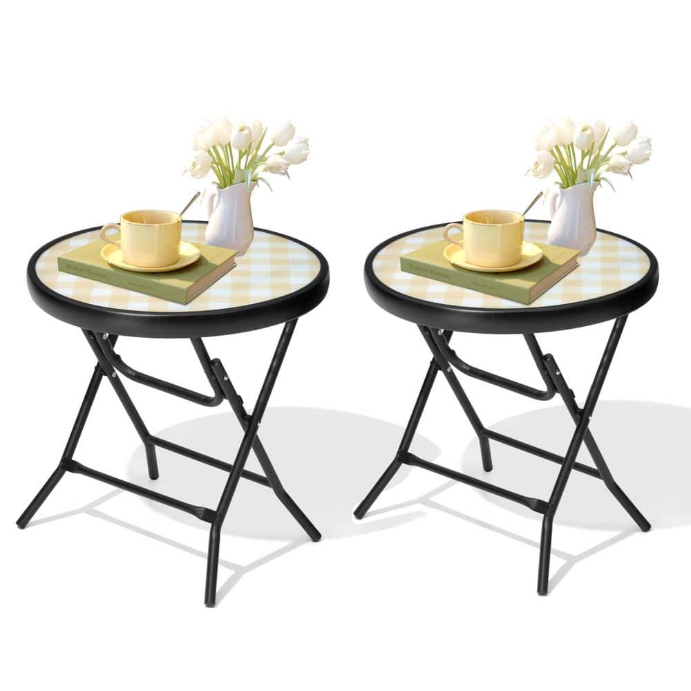 Round Patio Foldable Metal Glass Outdoor Side Table in Yellow & White Checkered Pattern (2-Pack)