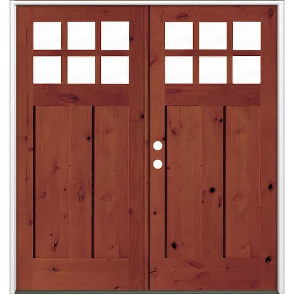 64 in. x 80 in. Knotty Alder Right-Hand/Inswing Double 6-Lite Clear Glass Amaretto Stain Wood Prehung Front Door