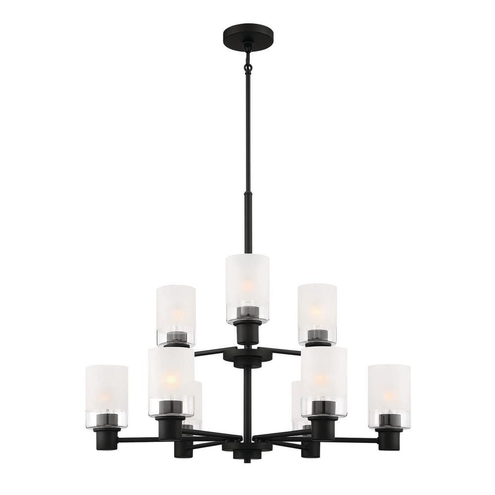 Matte Black 9-Light Chandelier with Clear and Etched Glass