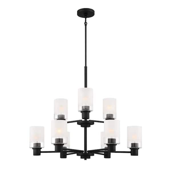 Designers Fountain Cedar Lane 9-Light Modern Matte Black Chandelier with Clear Etched Glass Shades For Dining Rooms