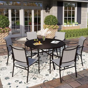 Black 7-Piece Metal Patio Outdoor Dining Sets with Stamped Round Table and Gourd-Shaped Design Textilene Chairs