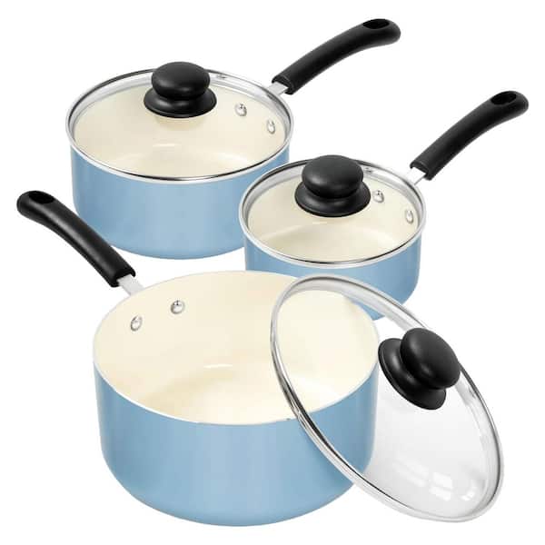 Nonstick Ceramic Sauce Pan Set 1 qt. 2 qt. 3 qt. Aluminum Alloy Non-Toxic Induction Pot with Lid Blue 3-Piece