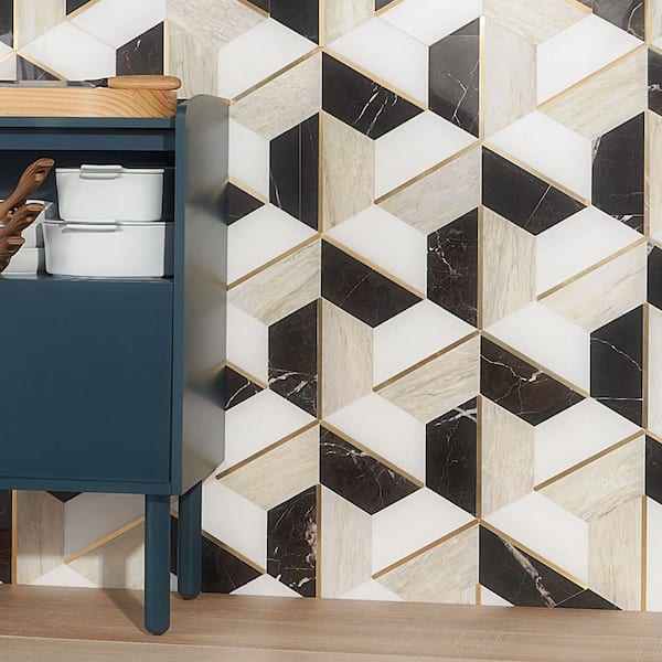 Timbira Saint Laurent 11.81 in. x 10.23 in. Polished Marble and Brass Wall Mosaic Tile (0.83 sq. ft./Each)