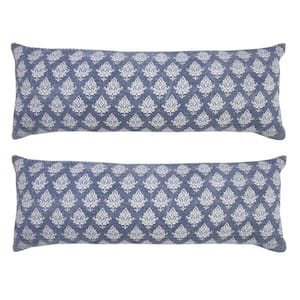 Fantasy Denim Blue Damask Stonewashed Hand-Woven 14 in. x 36 in. Indoor Throw Pillow Set of 2