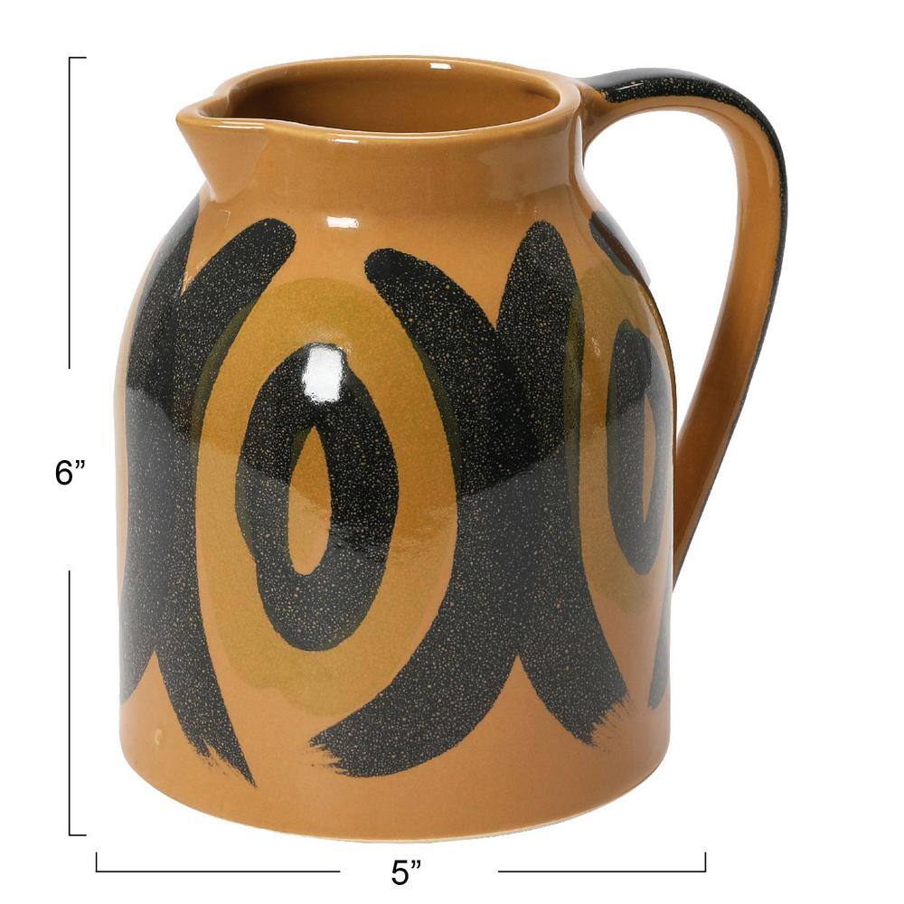 Hand-Painted Brown and Black Stoneware Pitcher with Handle