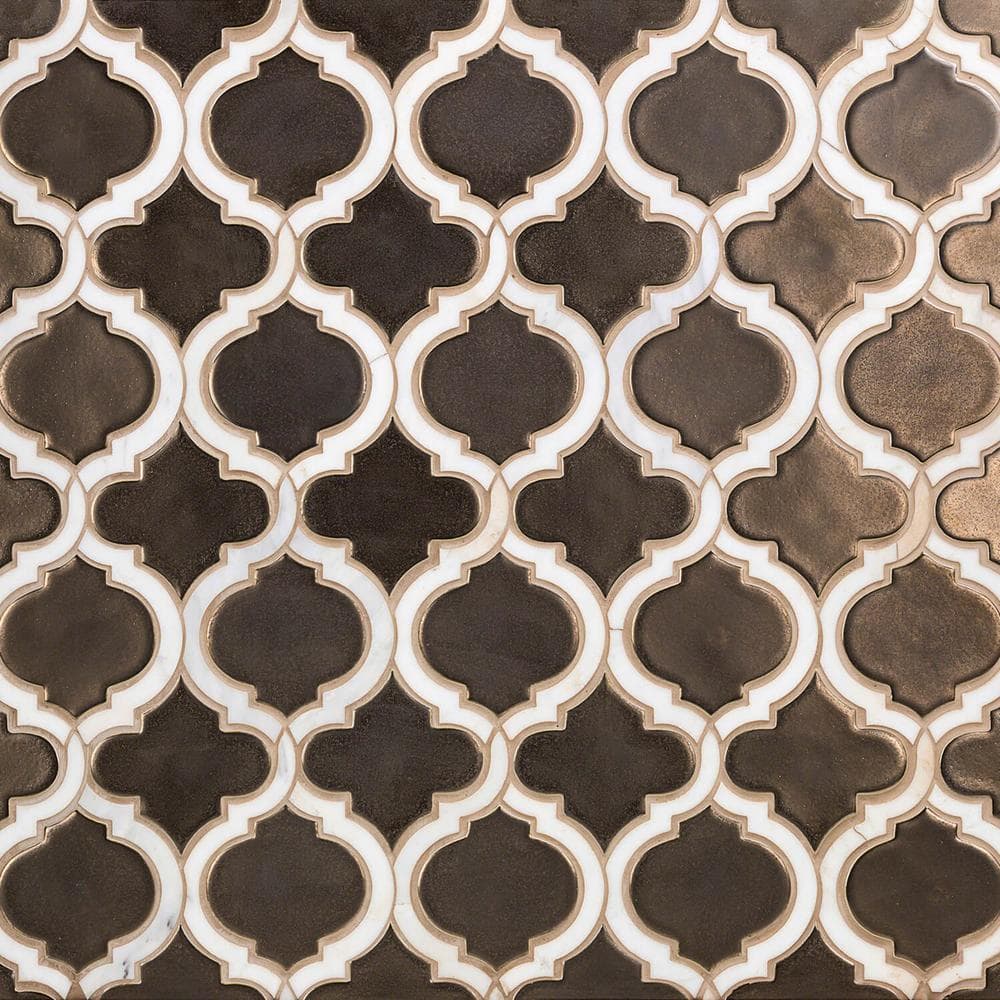 Metallic Copper and White Ceramic Arabesque Mosaic Tile Sheet