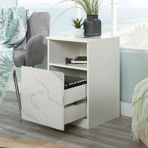 Hudson Court 1-Drawer Pearl Oak with White Marble Accents Nightstand 24 in. H x 15 in. W x 15 in. D