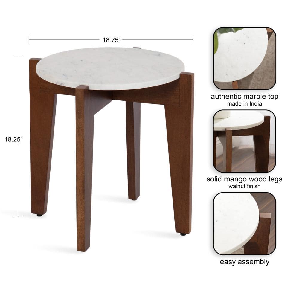 Walnut Brown Round Marble Side Table with Solid Wood Base