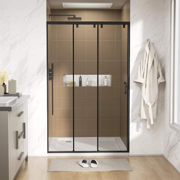 48" W x 76" H Sliding Framed Shower Door in Matte Black with  5/16" (8mm) Clear Tempered Glass and Easy Clean Coating