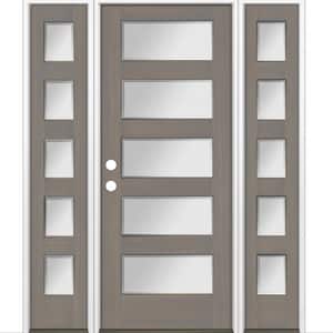 64 in. x 80 in. Modern Douglas Fir 5-Lite Right-Hand/Inswing Frosted Glass Grey Stain Wood Prehung Front Door w/ DSL