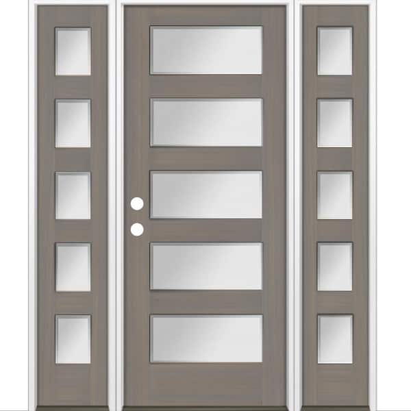 Krosswood Doors 64 in. x 80 in. Modern Hemlock 5-Lite Right-Hand/Inswing Frosted Glass Grey Stain Wood Prehung Front Door w/ DSL