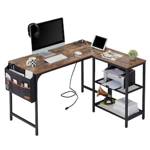 Computer Desk 21.7 in. L Shaped Brown Wood Desk with Power Outlet & USB Ports Corner Table with Shelves and Side Bag