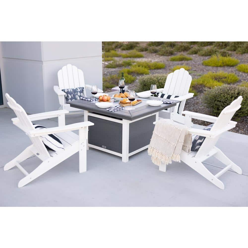 Park City 42 in. 2-Tone Gray Square Fire Pit, 5-Piece Plastic Patio Conversation Set with White Marina Chairs -  LuXeo, 42-WGG-1519W4