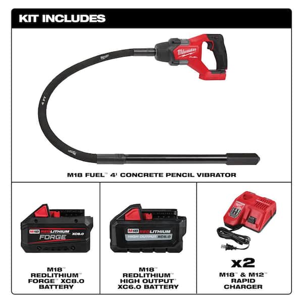 M18 FUEL 18V Lith-Ion Cordless 4 ft. Concrete Pencil Vibrator Kit w/ 6.0 Ah Battery w/ FORGE 8. 0Ah Battery & Charger