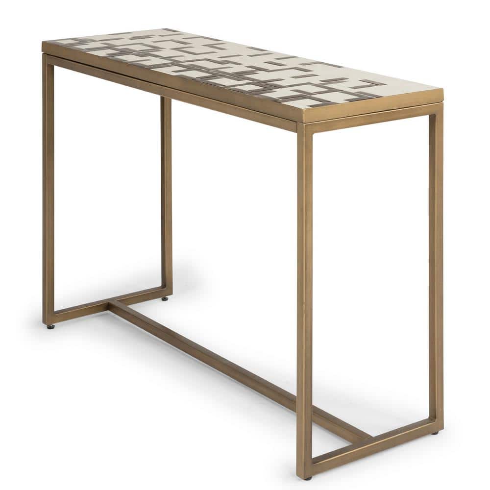 Geometric Mosaic Cream and Gold Tile Console Table with Brushed Brass Base