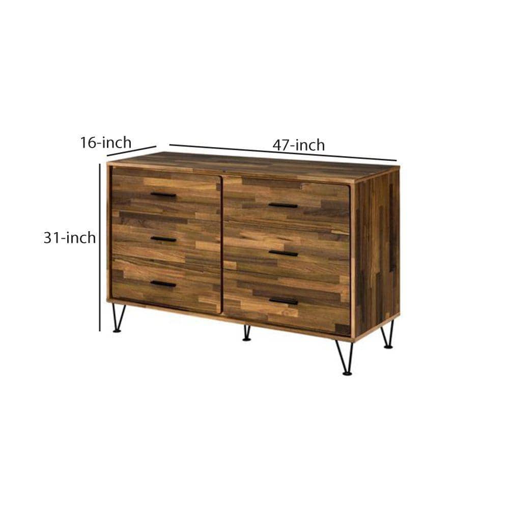 Double Horizontal Brown Dresser with Butcher Block Pattern and Metal Accents